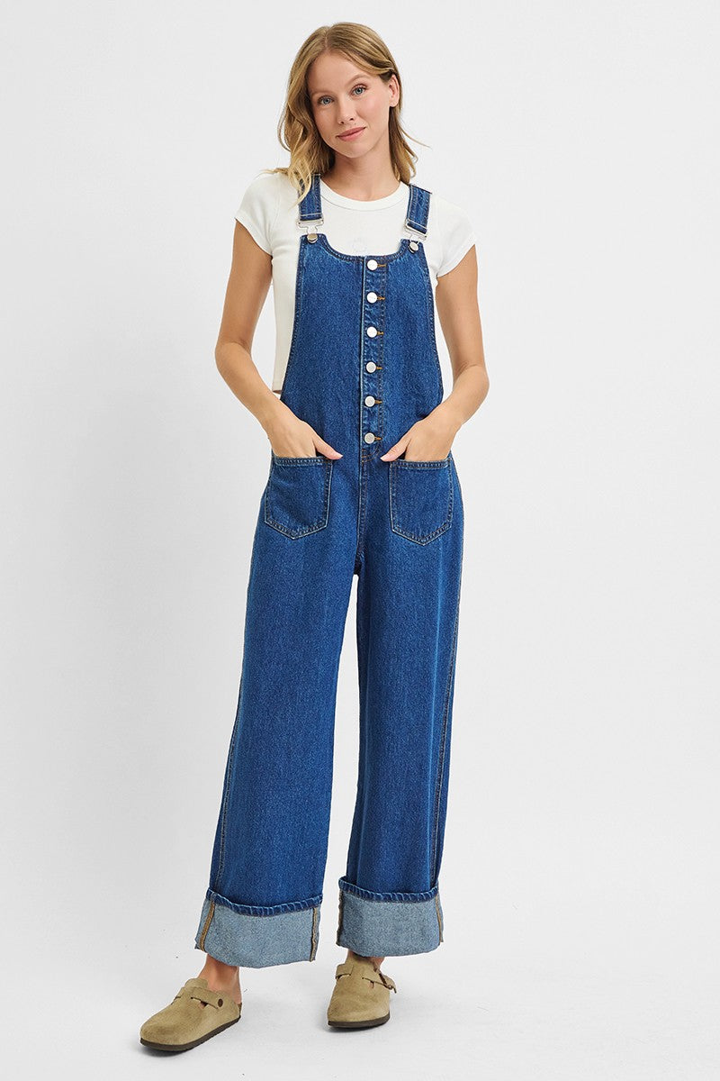 Button Down Wide Leg Cuffed Overalls
