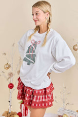 White Holiday Sweatshirt Patchwork Christmas Tree