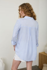 Blue and White Stripe Collared Button Down Top