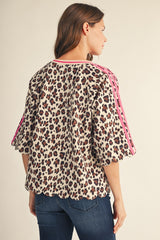 Leopard Print Scallop Edge Pink Accent Top