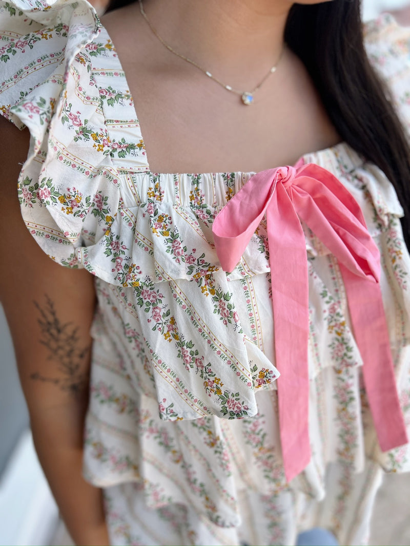 Floral Printed Ruffled Top with Pink Bow