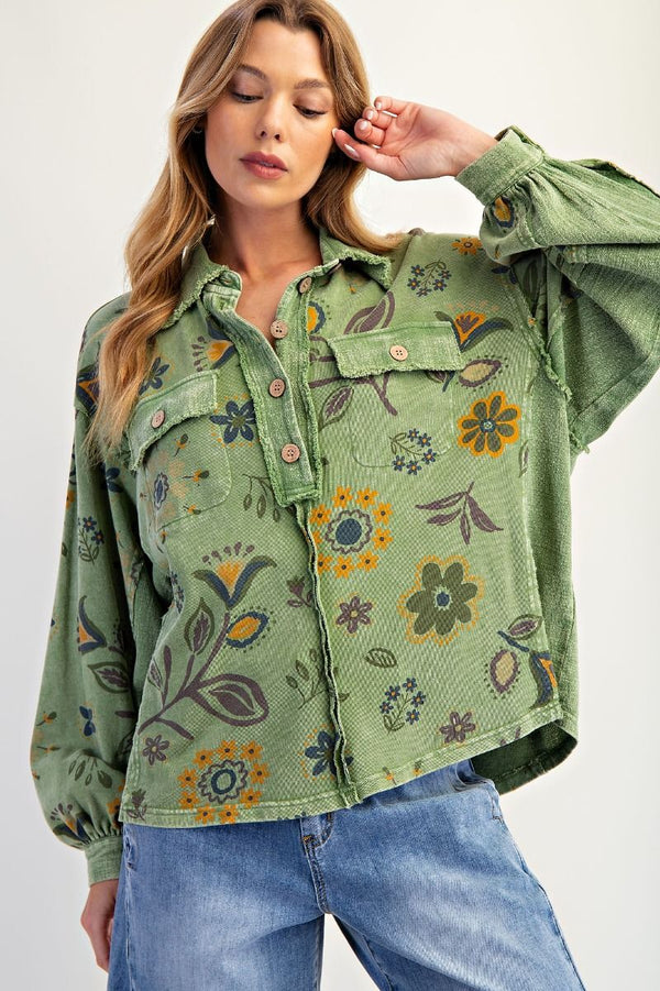 Green Floral Collared Top