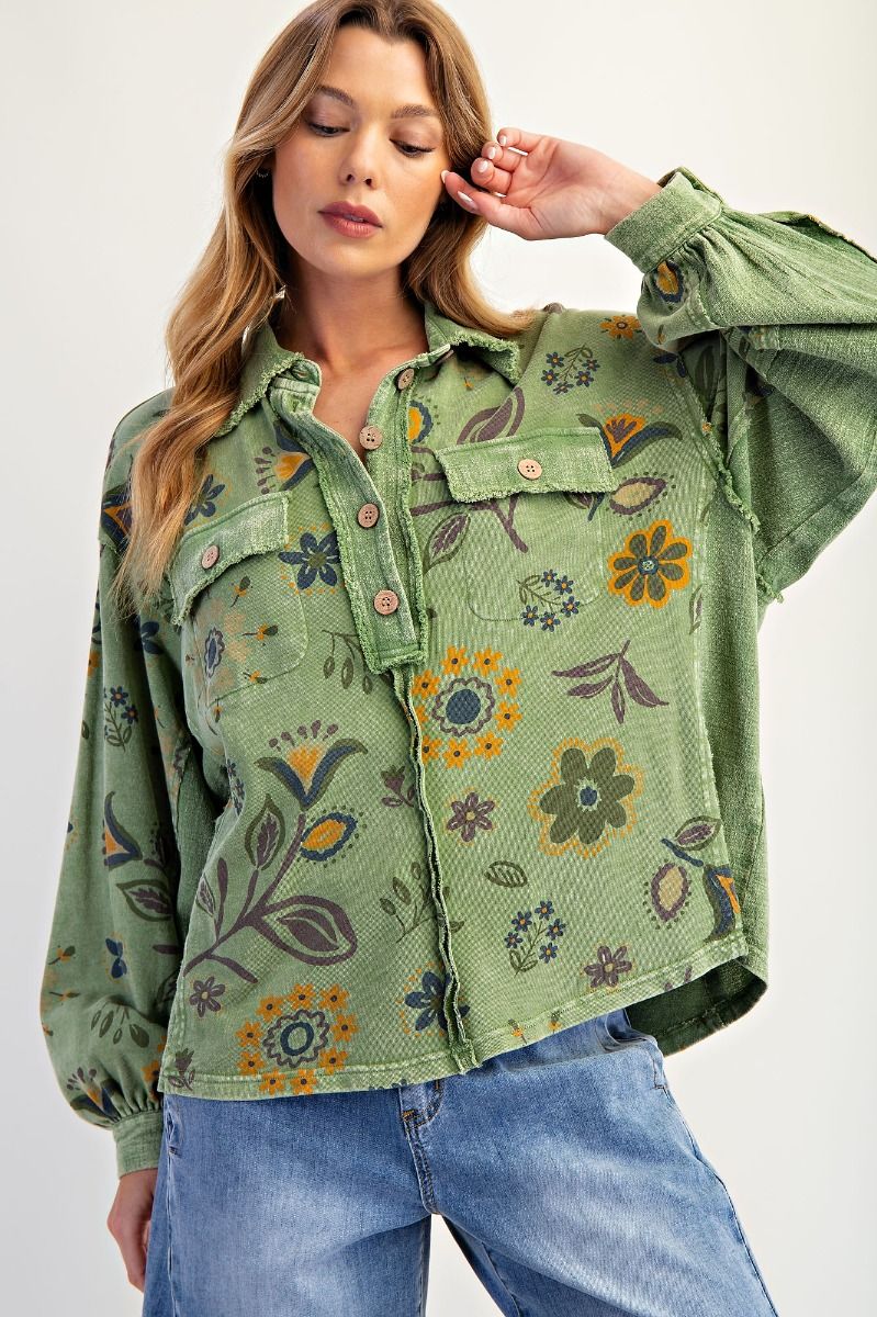 Green Floral Collared Top