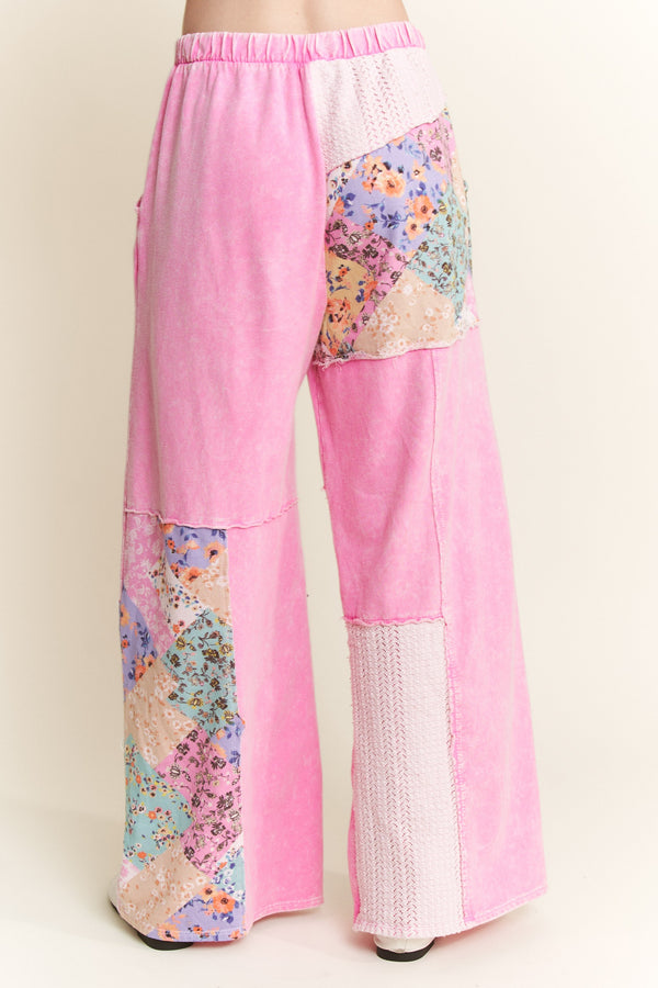 Pink Mineral Washed Floral WaveKnit Wide Leg Pants