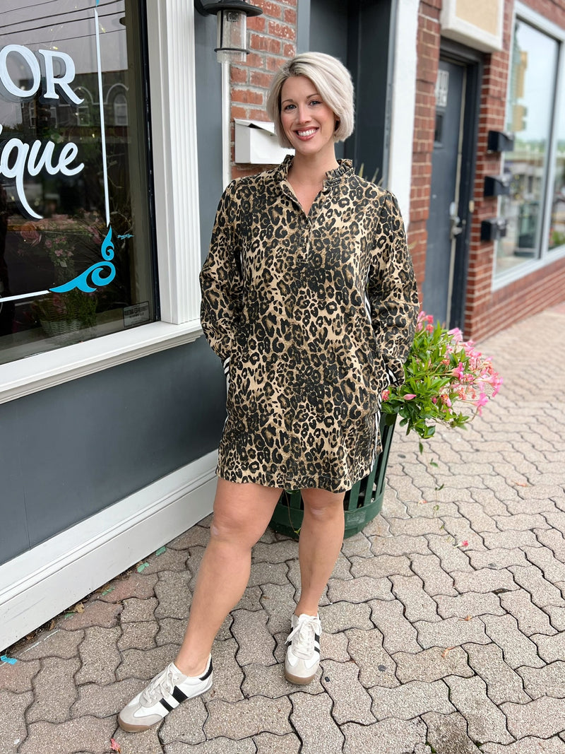 Leopard Long Sleeve Dress With Side Stripes