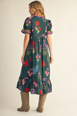 Green Floral Contrast Accent Midi Dress