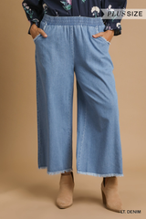 Curvy Light Denim Frayed Wide Leg Pant