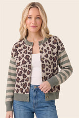 Leopard Jacquard Stripe Color Blocked Cardigan
