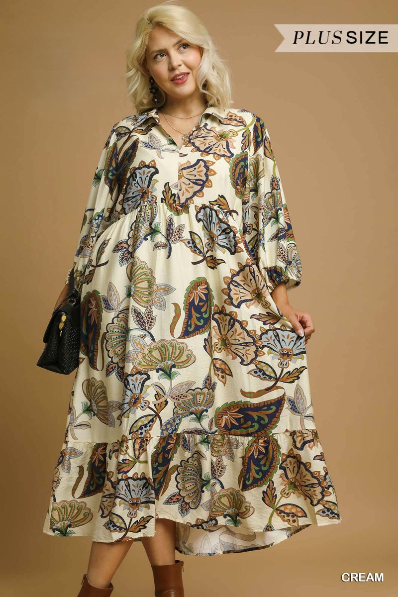 Curvy Cream Boho Paisley Tiered Midi Dress