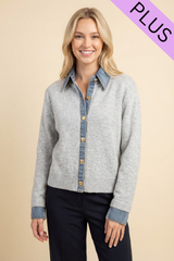 Curvy Gray Button Down with Denim Collar Cardigan