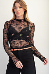 Black Floral Embroidery Mesh Top
