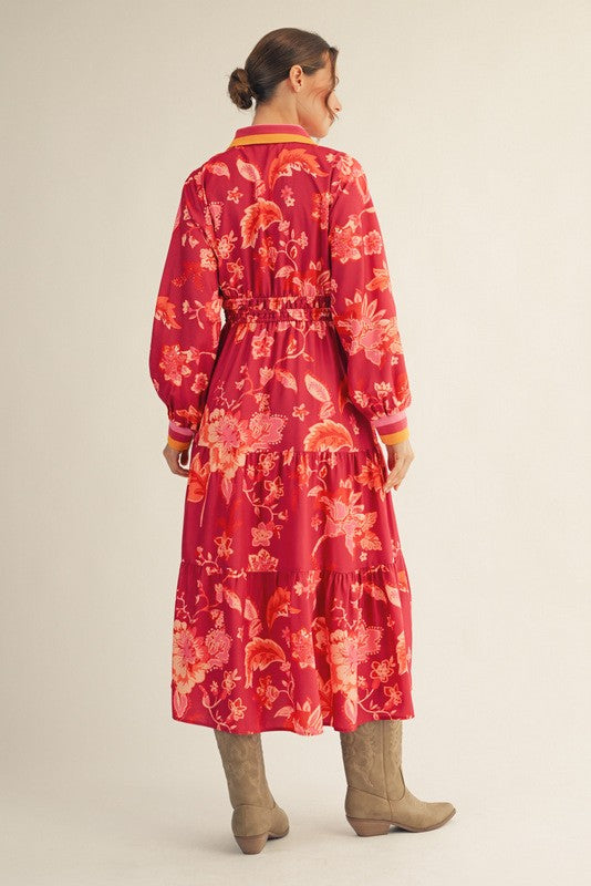 Fuchsia Long Sleeve Button Front Floral Midi Dress