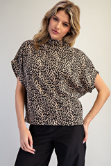 Leopard Print Mock Neck Dolman Sleeve Top