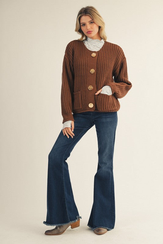 Brown Big Gold Button Cardigan
