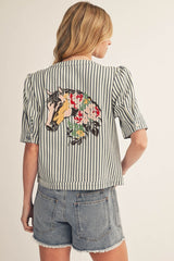 Horse Back Embroidery Button Front Top