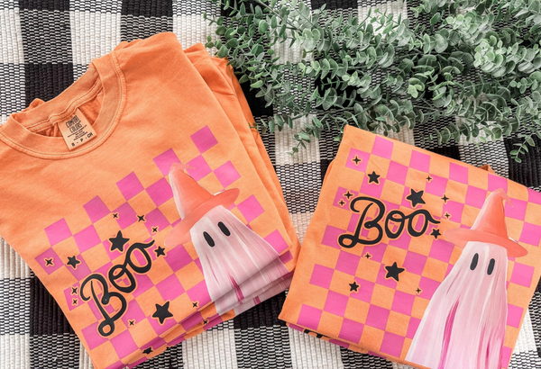 Orange Boo Checkered Ghost Tee