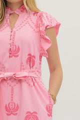 Pink Embroidered Palm Belted Midi Dress