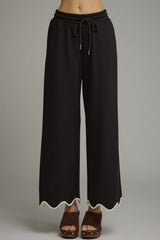 Black Scallop Trim Hem Elastic Waist Pants