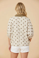 Drop Shoulder Polka Dot Contrast Collar Top