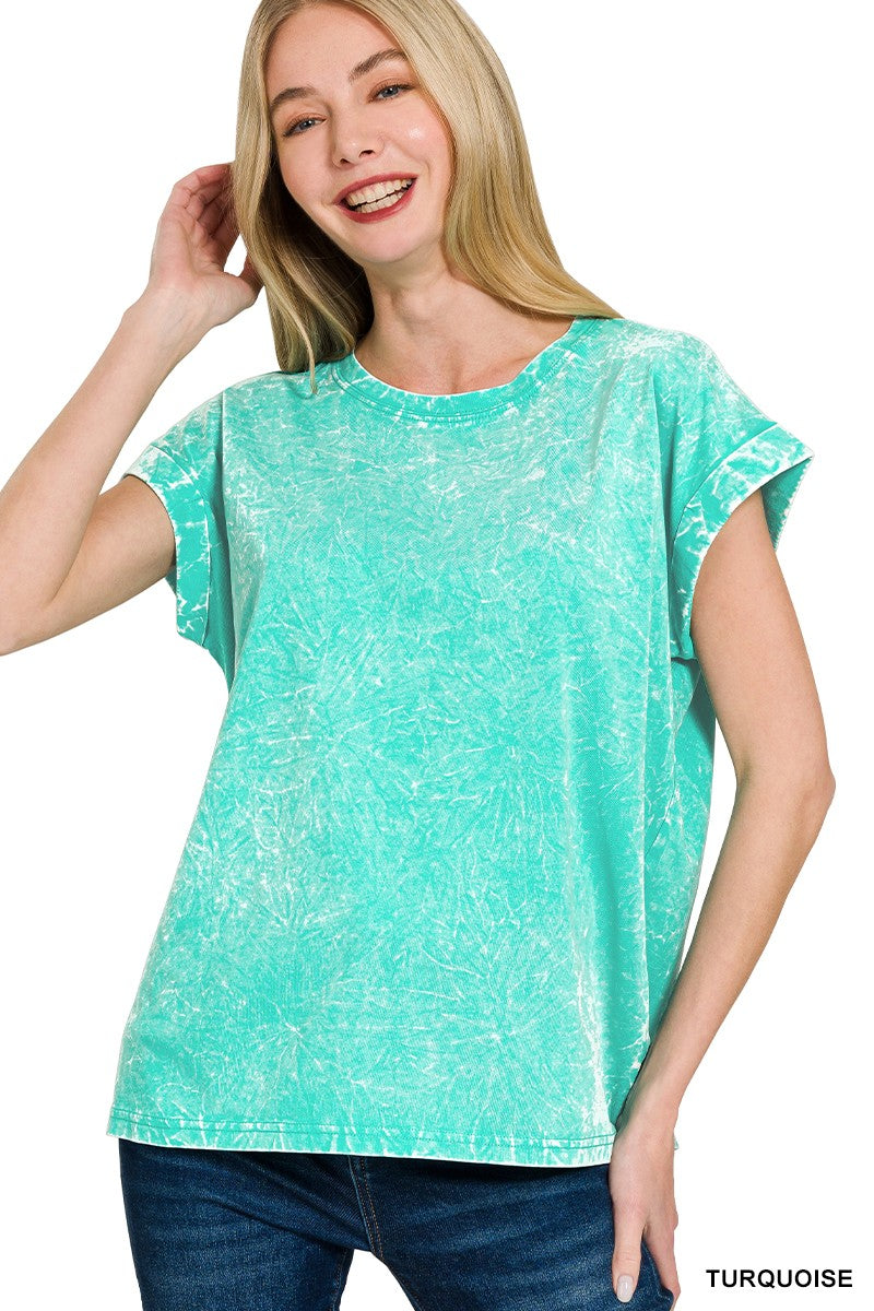 Crinkle Washed Round Neck Rolled Sleeve Tee