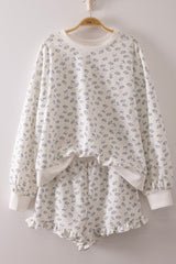 Ivory and Blue Floral and Bow Short Set