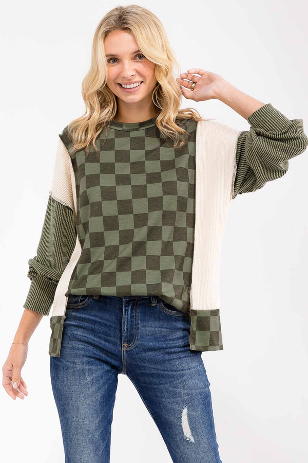 Olive Checkered Print Top