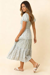 Curvy Ivory Striped Floral Tiered Cap Sleeve Dress