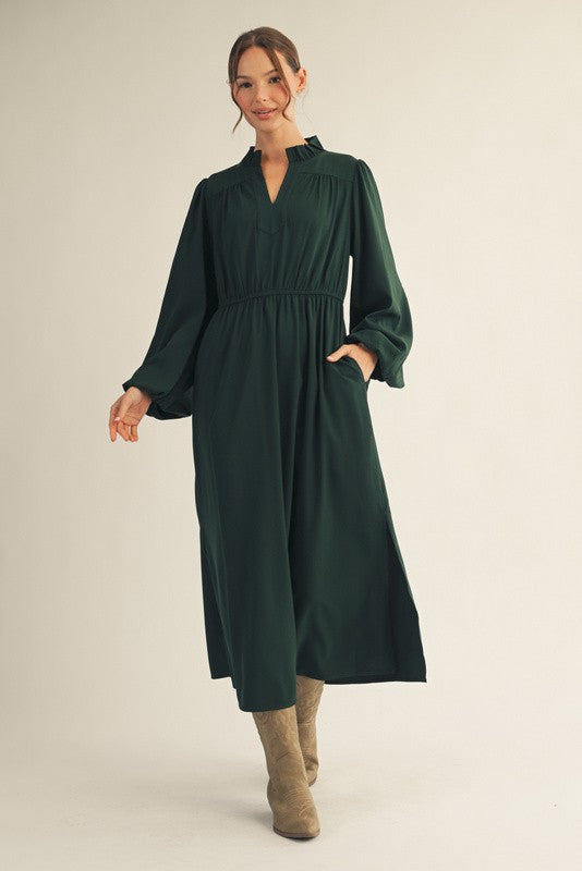 Hunter Green Midi Dress With Side Slits