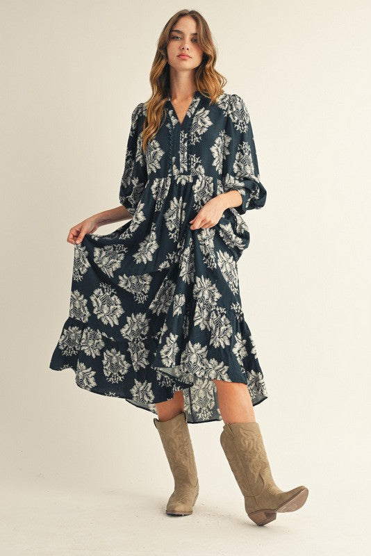 Navy Floral Boho Midi Dress