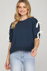 Short Sleeve Round Neck Knit Top with Bow Details
