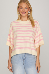 Pink Drop Sleeve Round Neck Striped Knit Sweater
