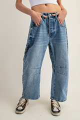 Denim Side Checker Panel Barrel Jeans