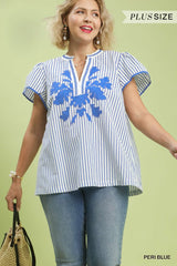 Curvy Blue V-Neck Stripe Top with Lace Trim