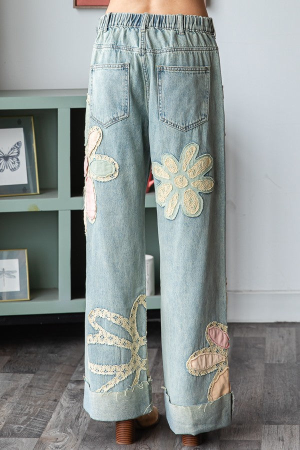 Vintage Washed Denim Pants with Floral Patches