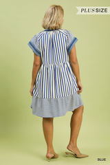 Curvy Blue Striped Scallop Trim Collar Dress