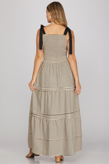 Black Striped Smocked Shoulder Tie Maxi Dress