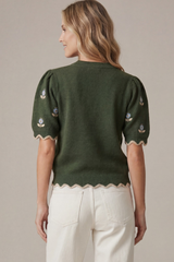Olive Short Sleeve Flower Embroidery Sweater
