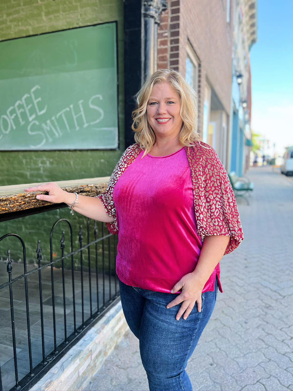 Curvy Magenta Velvet Leopard Sleeve Top