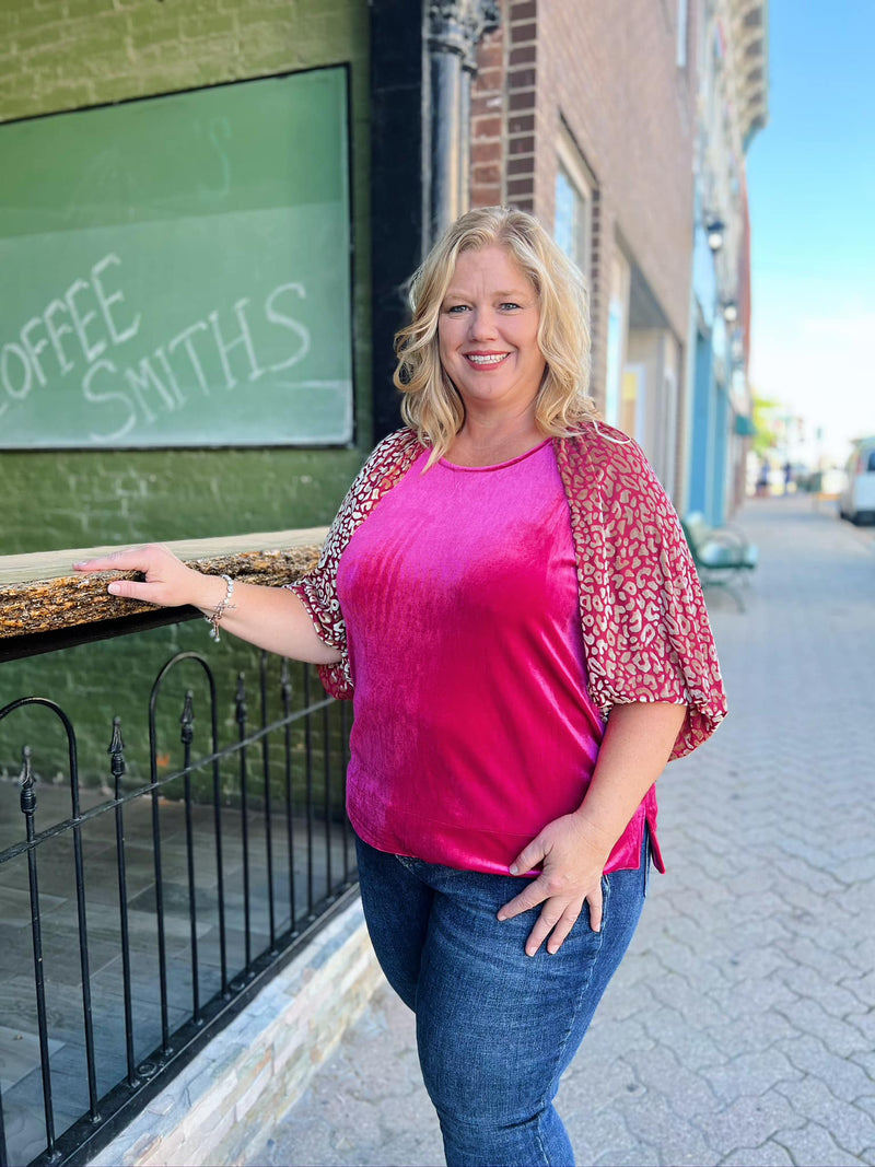 Curvy Magenta Velvet Leopard Sleeve Top
