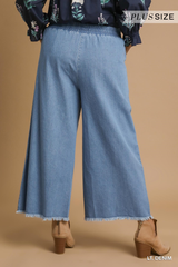 Curvy Light Denim Frayed Wide Leg Pant
