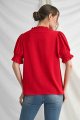 Solid Smocked Frilled V-Neck