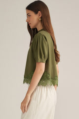 Olive Short Puff Sleeve Mock Neck Lace Trim Top