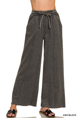 Acid Wash Fleece Pintuck Wide Leg Pants