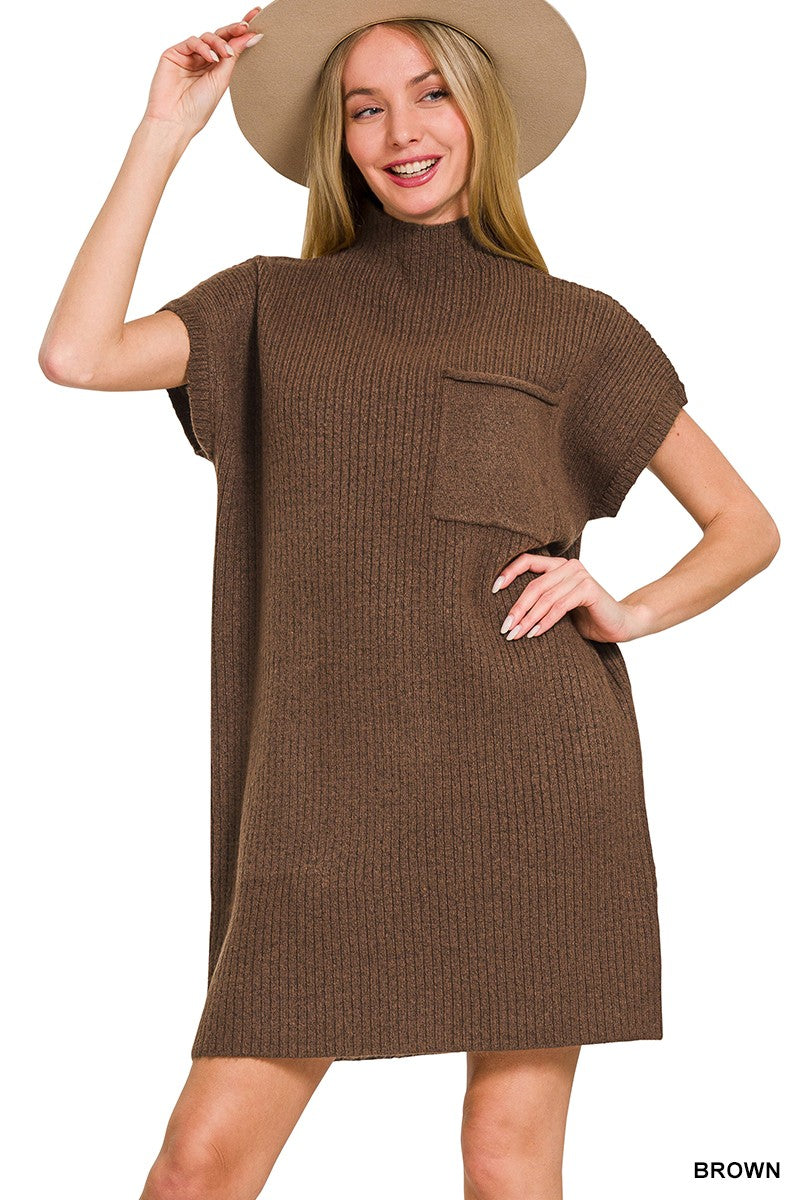 Mock Neck Short Sleeve Sweater Dress With Pockets