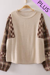 Curvy Soft Plaid Contrast Sleeve Top