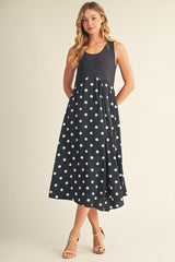 Polka Dot Front Pleat Detail Fabric Mix Dress