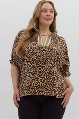 Curvy Leopard Print High Neck Elastic Sleeve Dolman Top