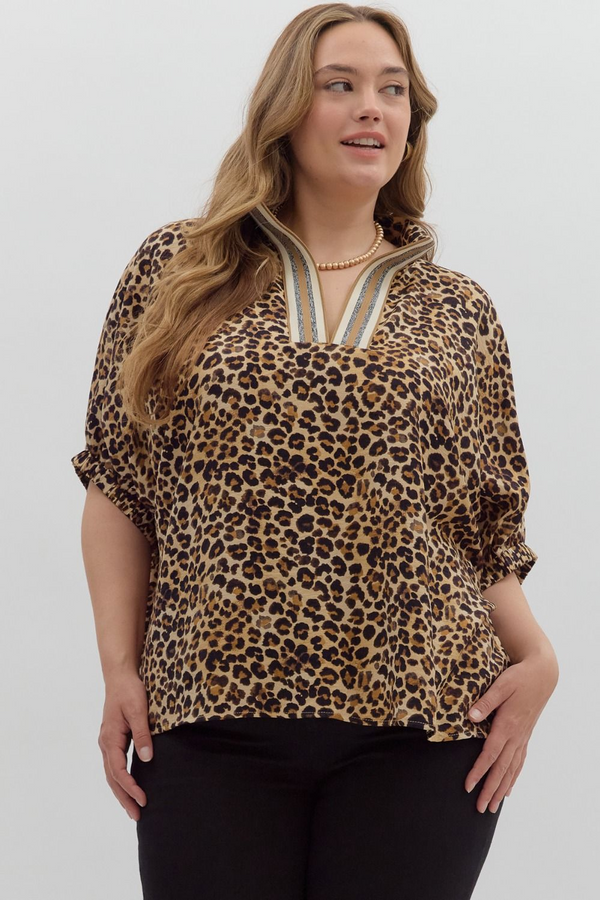 Curvy Leopard Print High Neck Elastic Sleeve Dolman Top