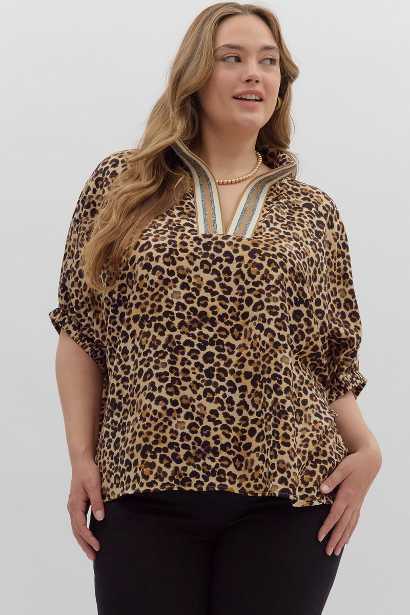 Curvy Leopard Print High Neck Elastic Sleeve Dolman Top