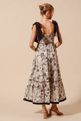 Vintage Black Floral Tie Shoulder Dress